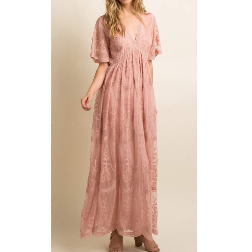 𝅺PinkBlush lace overlay maxi dress NWOT maternity